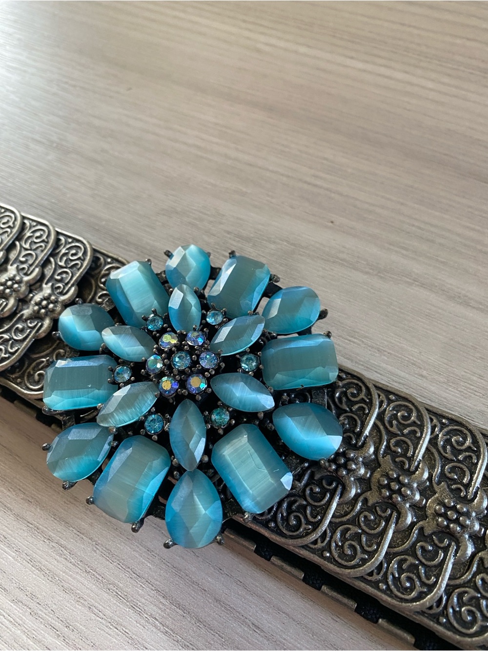 Vintage Turquoise Blue Floral Gem Belt Buckle